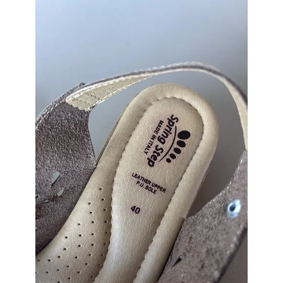 Spring Step Women's 40 Slingback Wedge Sandals Beige Leather Peep Toe Italy - Picture 7 of 7